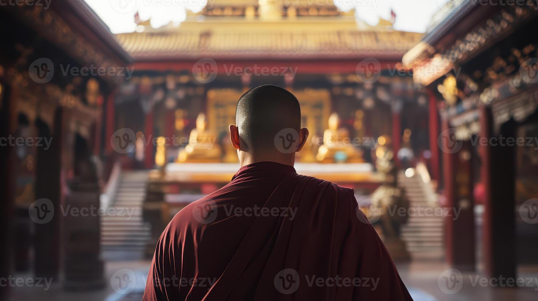 Monk entering a tranquil temple at sunrise photo