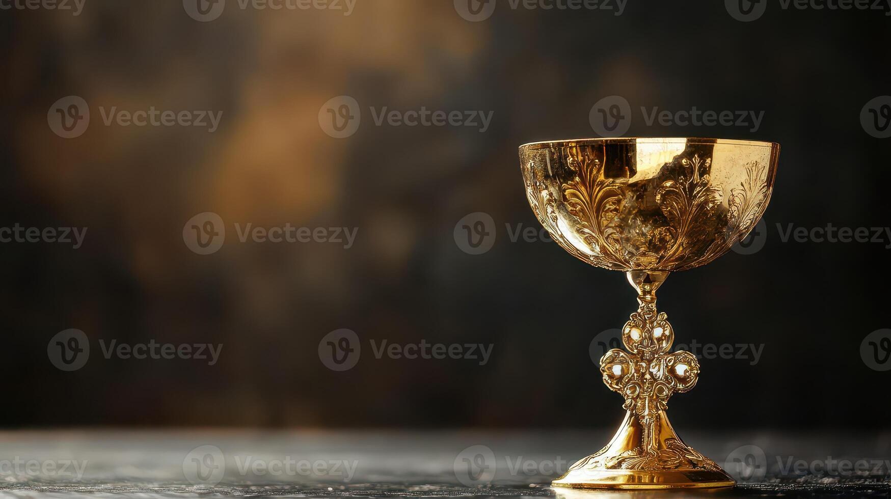 Elegant golden chalice on dark background photo