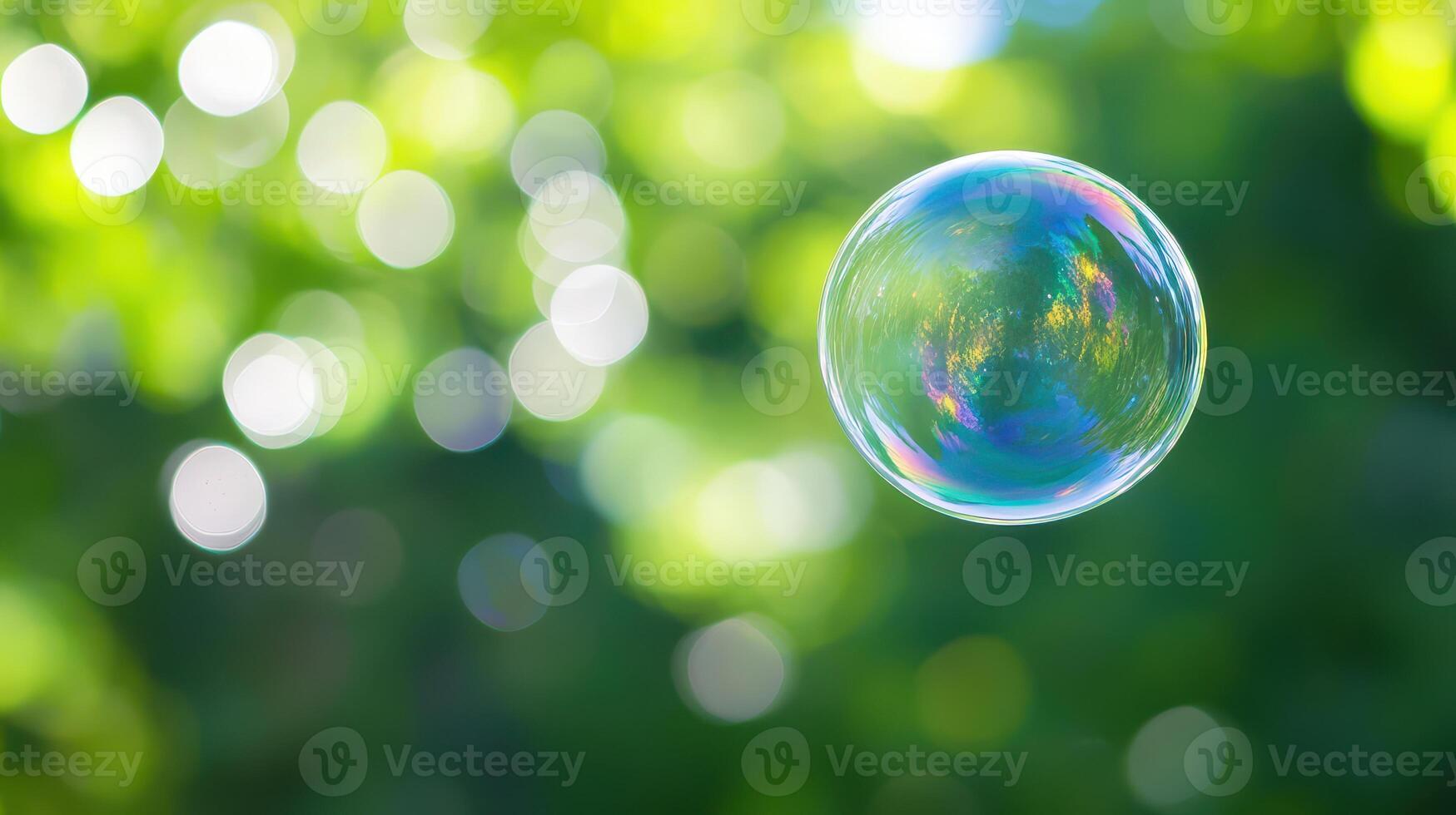 Colorful soap bubble floating in a green garden photo