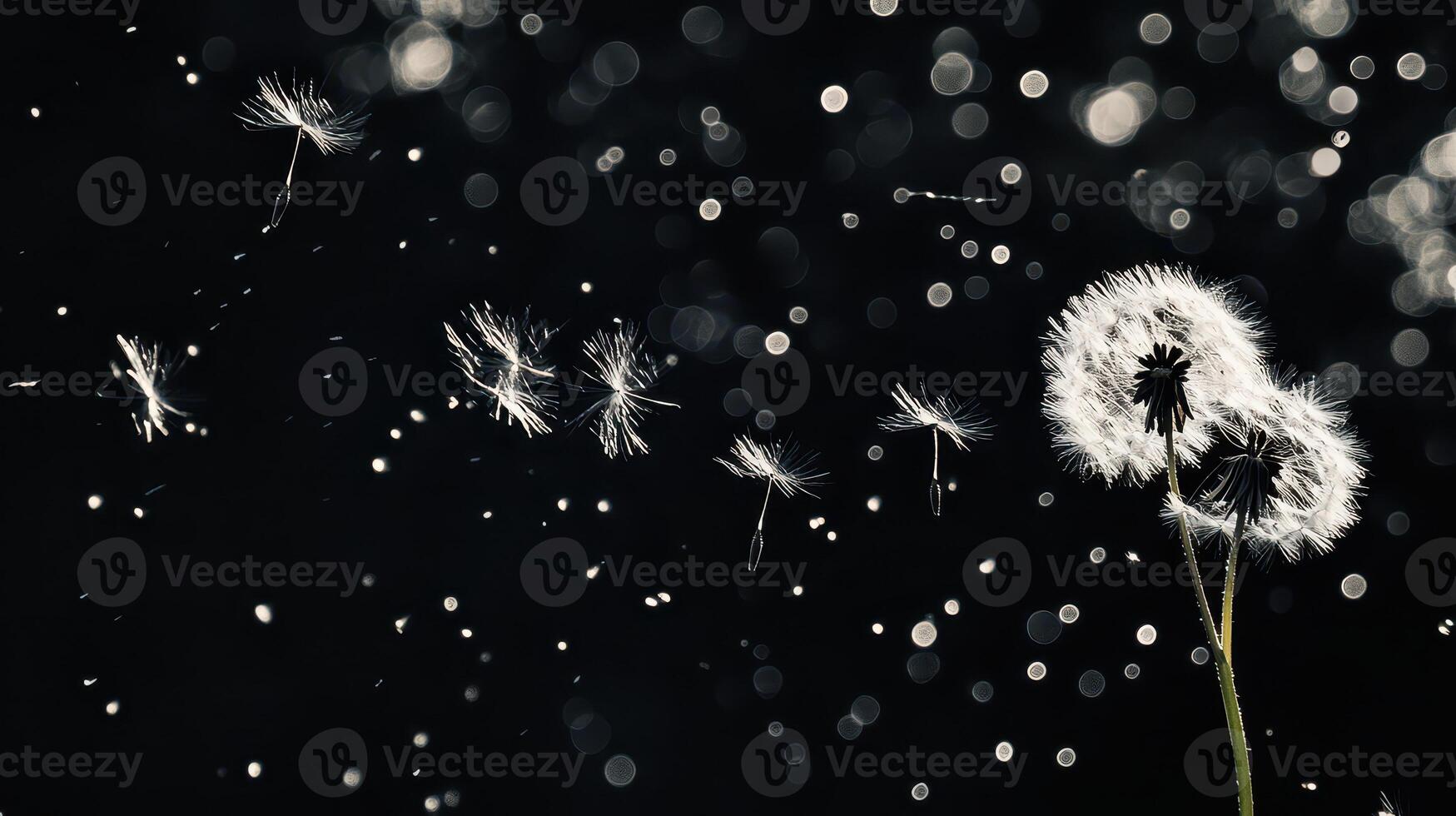 Dandelion seeds in sunlight dark backdrop photo