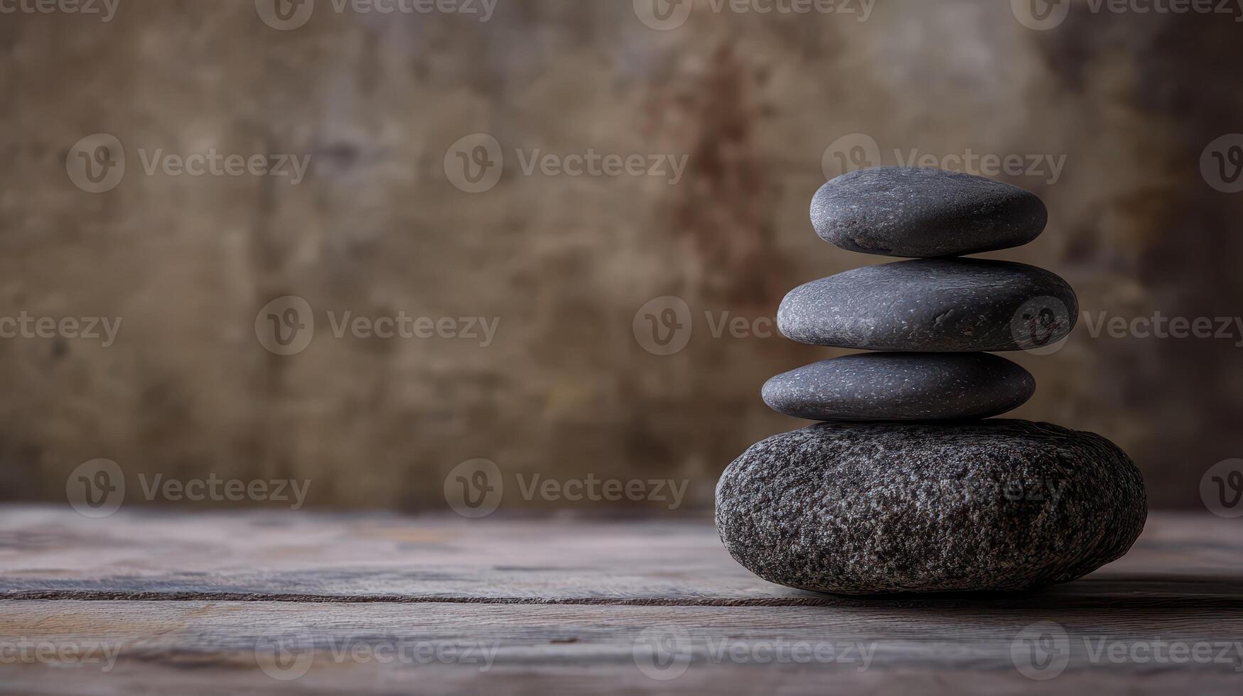 Zen stone stack on rustic wooden surface photo