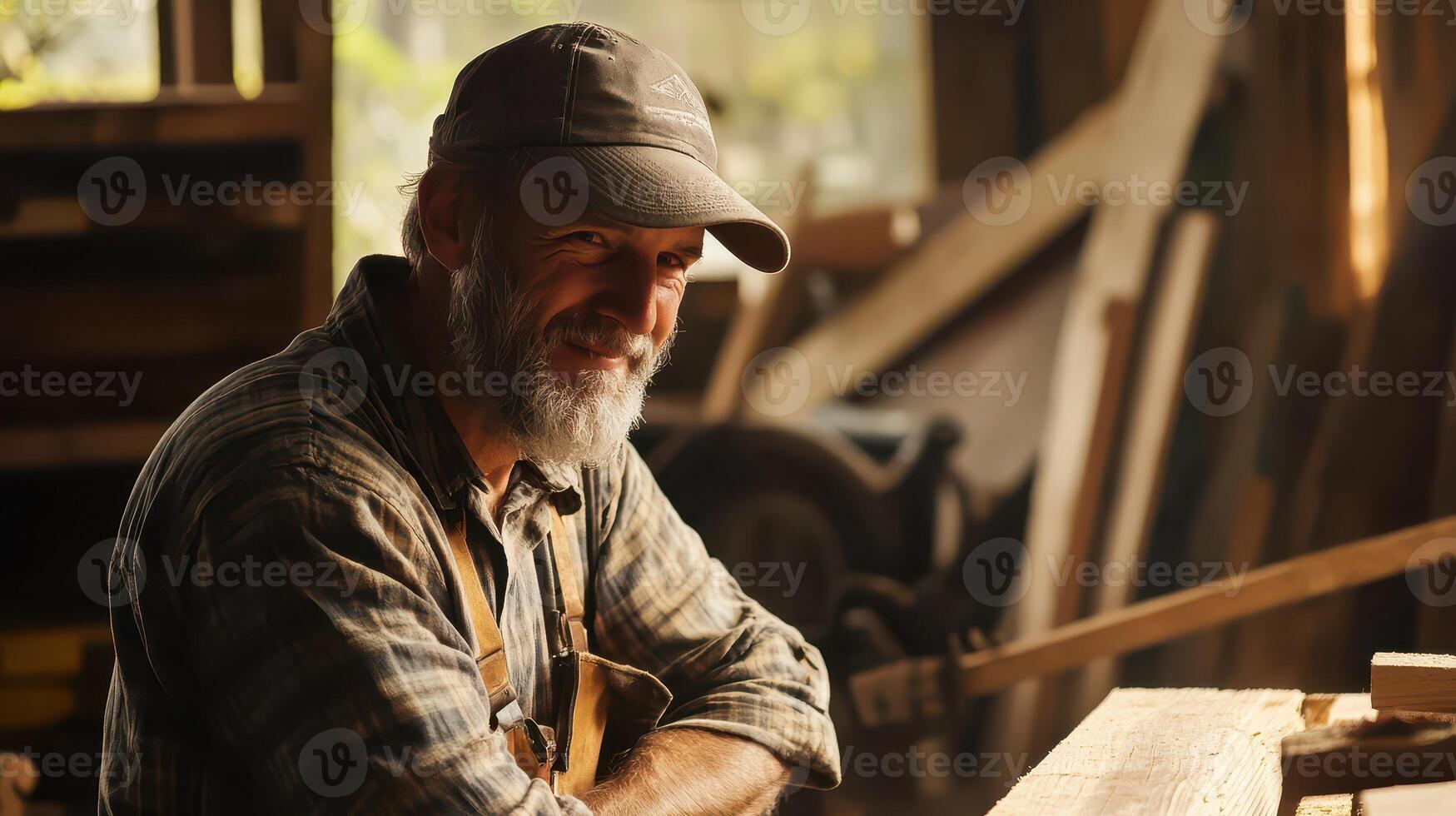 Skilled carpenter working in a sunlit workshop photo