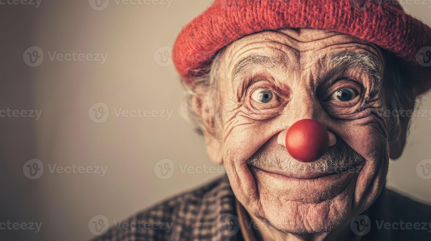 Smiling elderly clown with red nose and hat photo