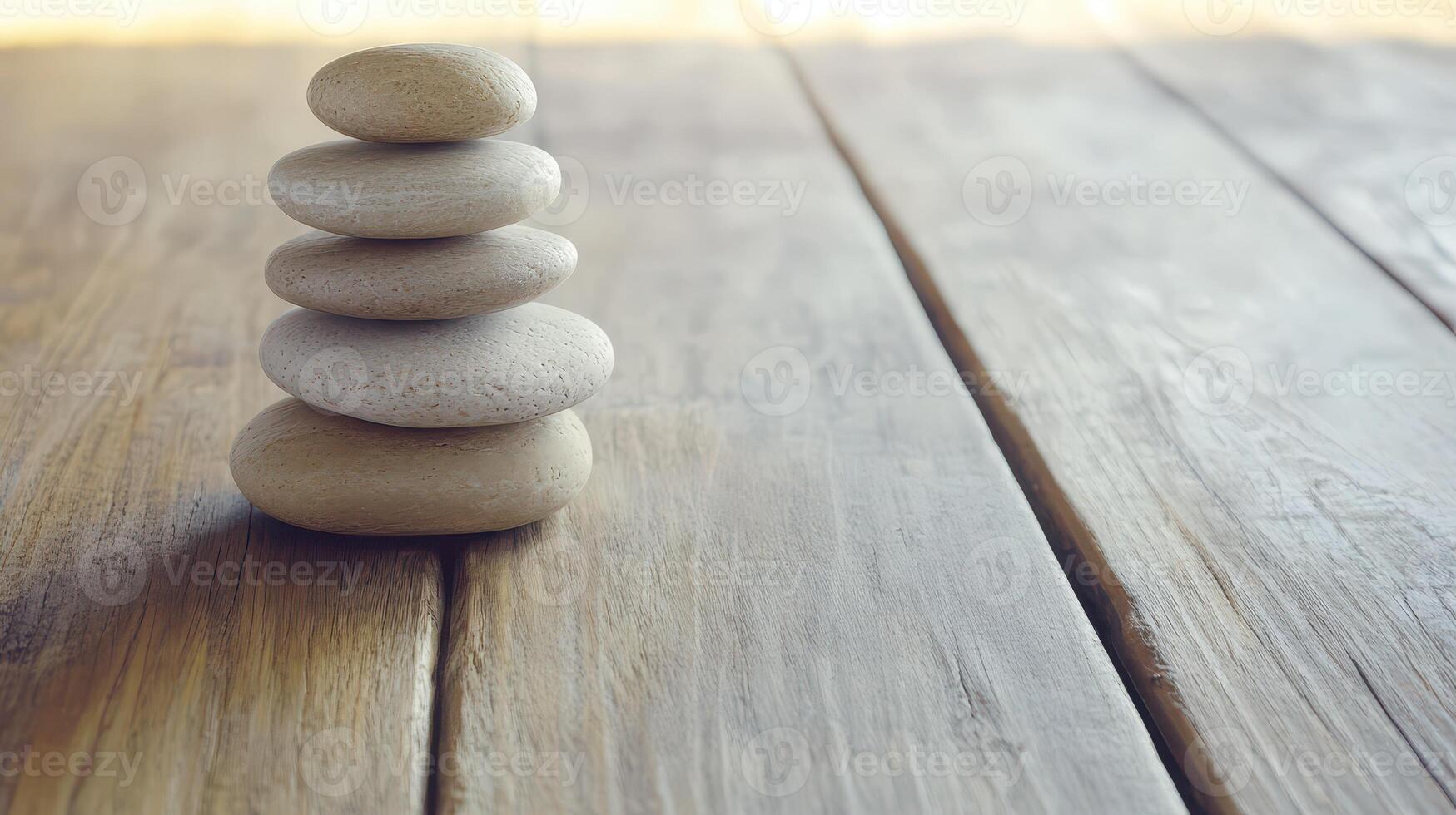Stacked stones create a calm focal point on wood photo