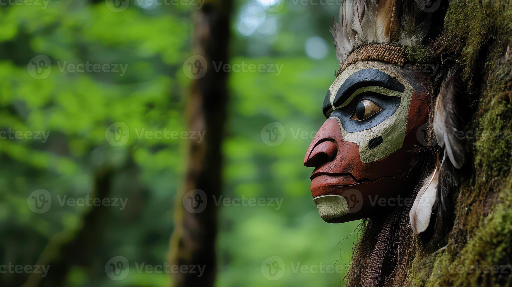 Wooden mask nestled among trees in a forest photo