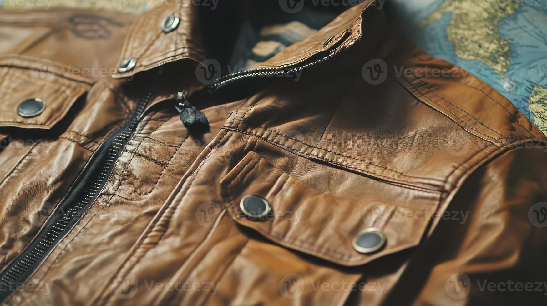 Detail of a stylish brown leather jacket on a map photo