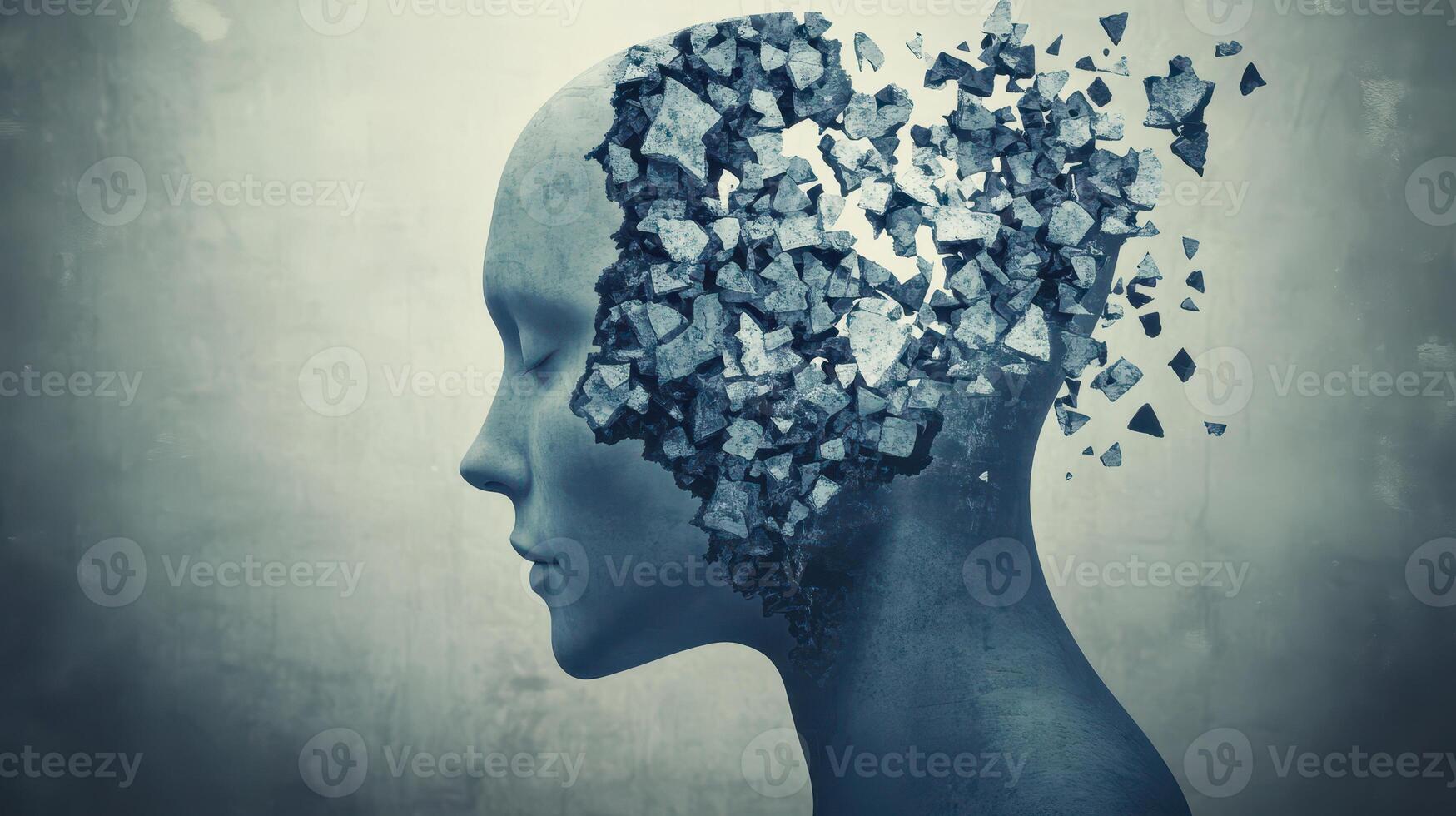 Human head dissolving into abstract fragments photo