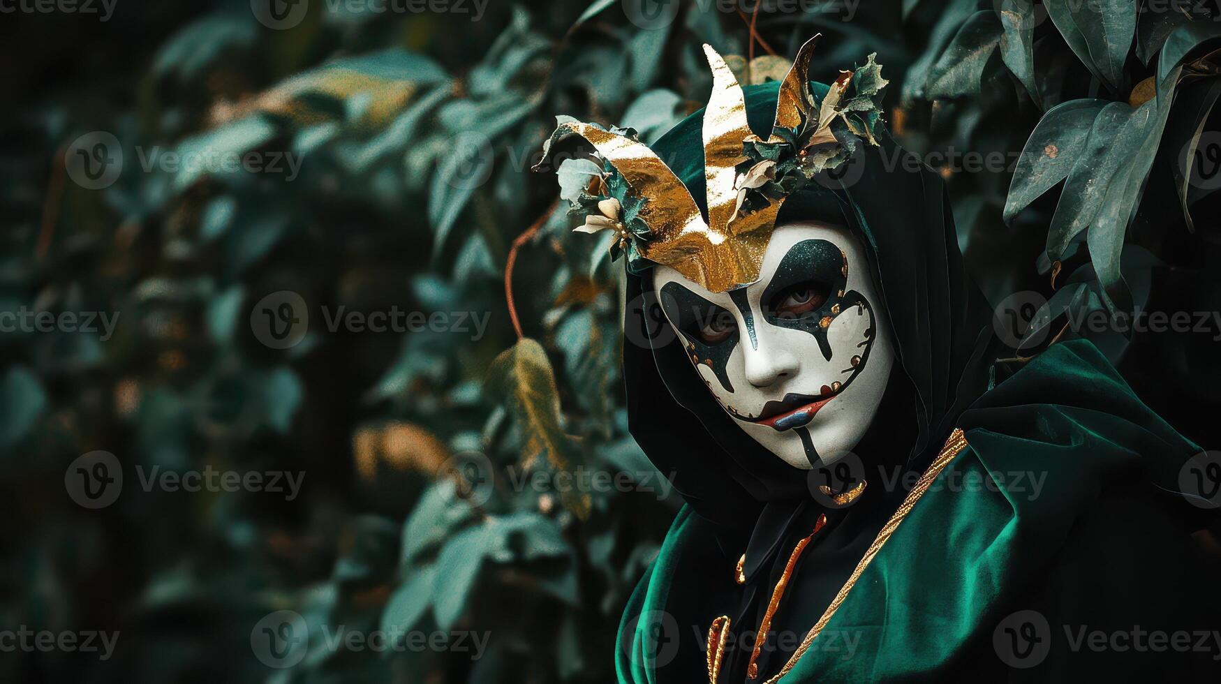 Mysterious figure in mask surrounded by foliage photo