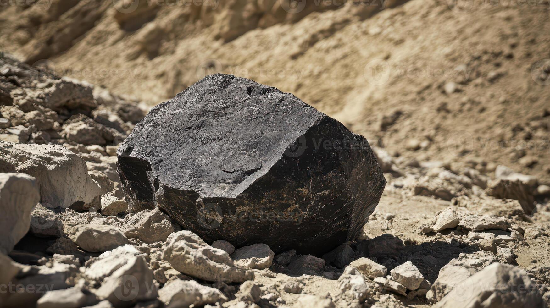 Large rock resting on sandy terrain near a quarry photo