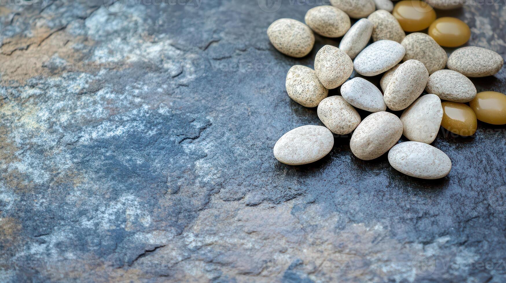 Colorful pebbles scattered on a textured surface photo