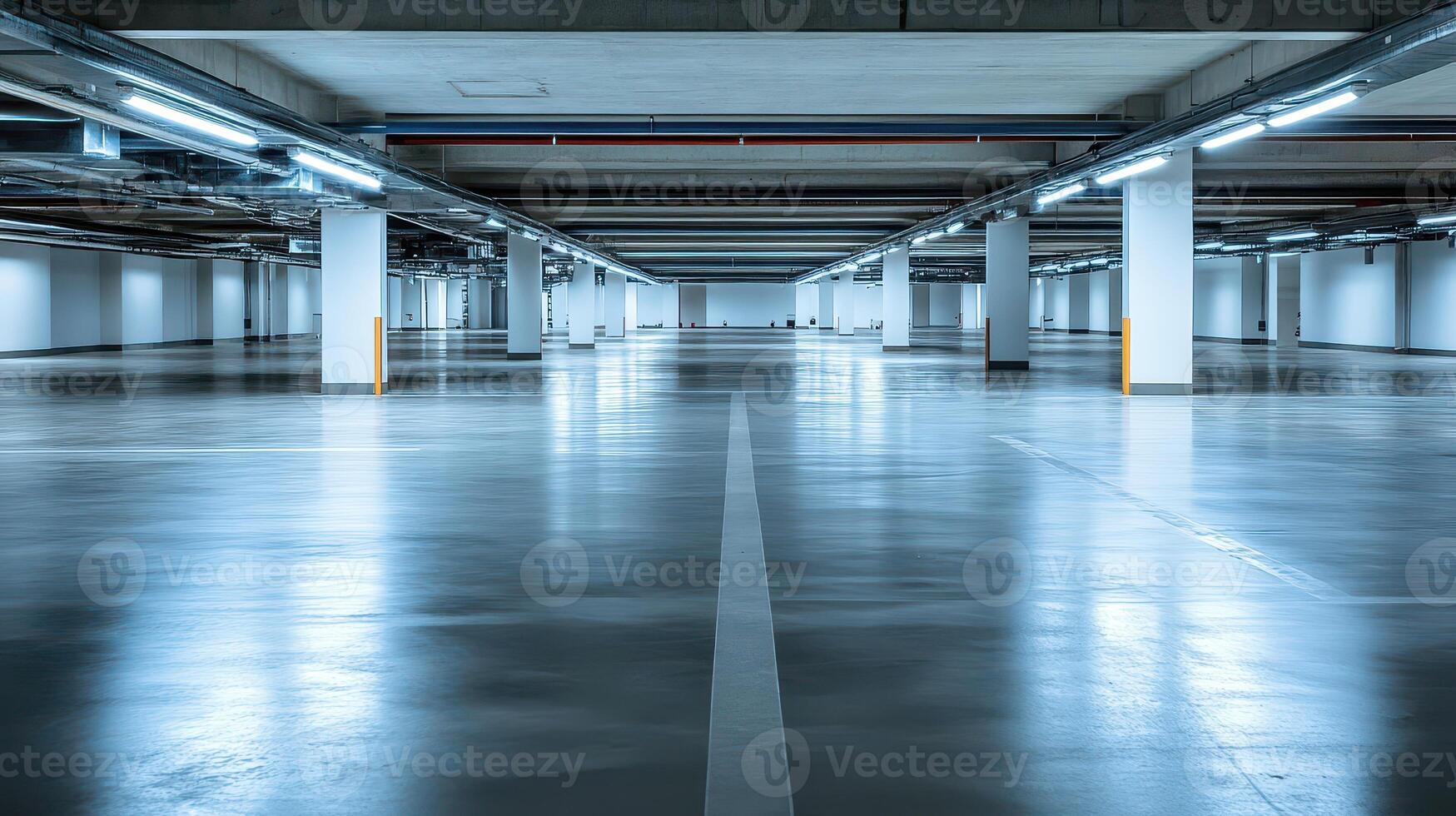 Empty underground parking lot with bright lights photo