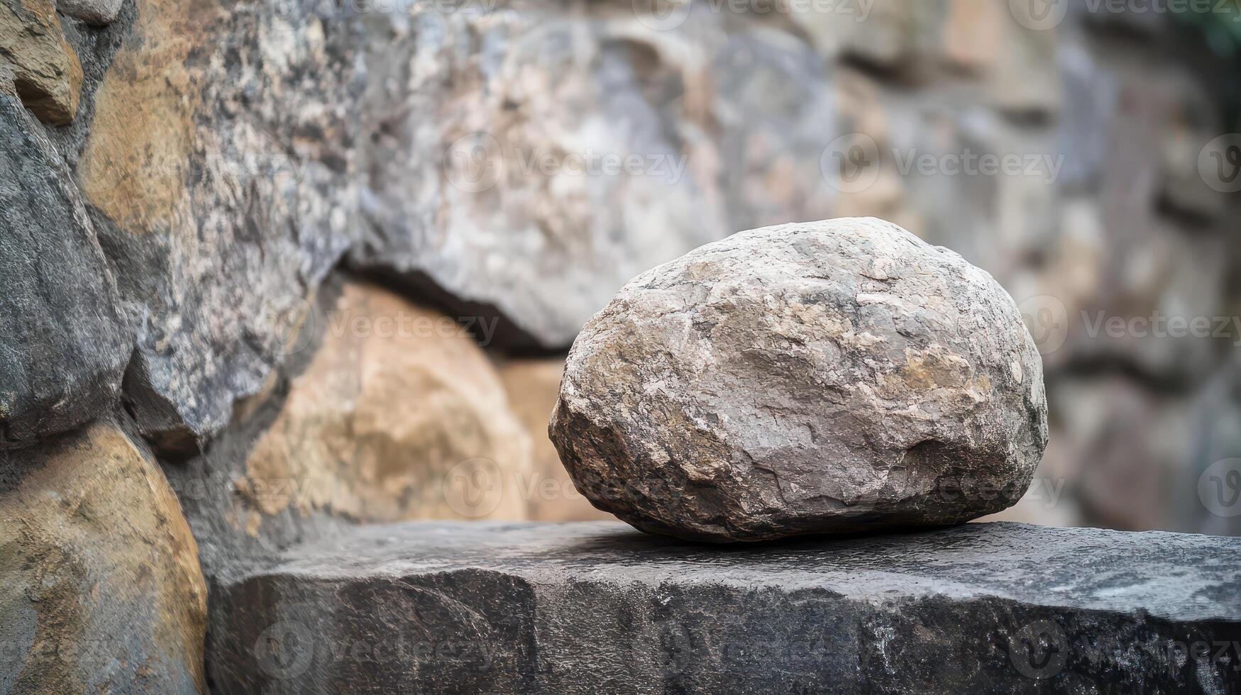 Large rock balancing on stone ledge outdoors photo