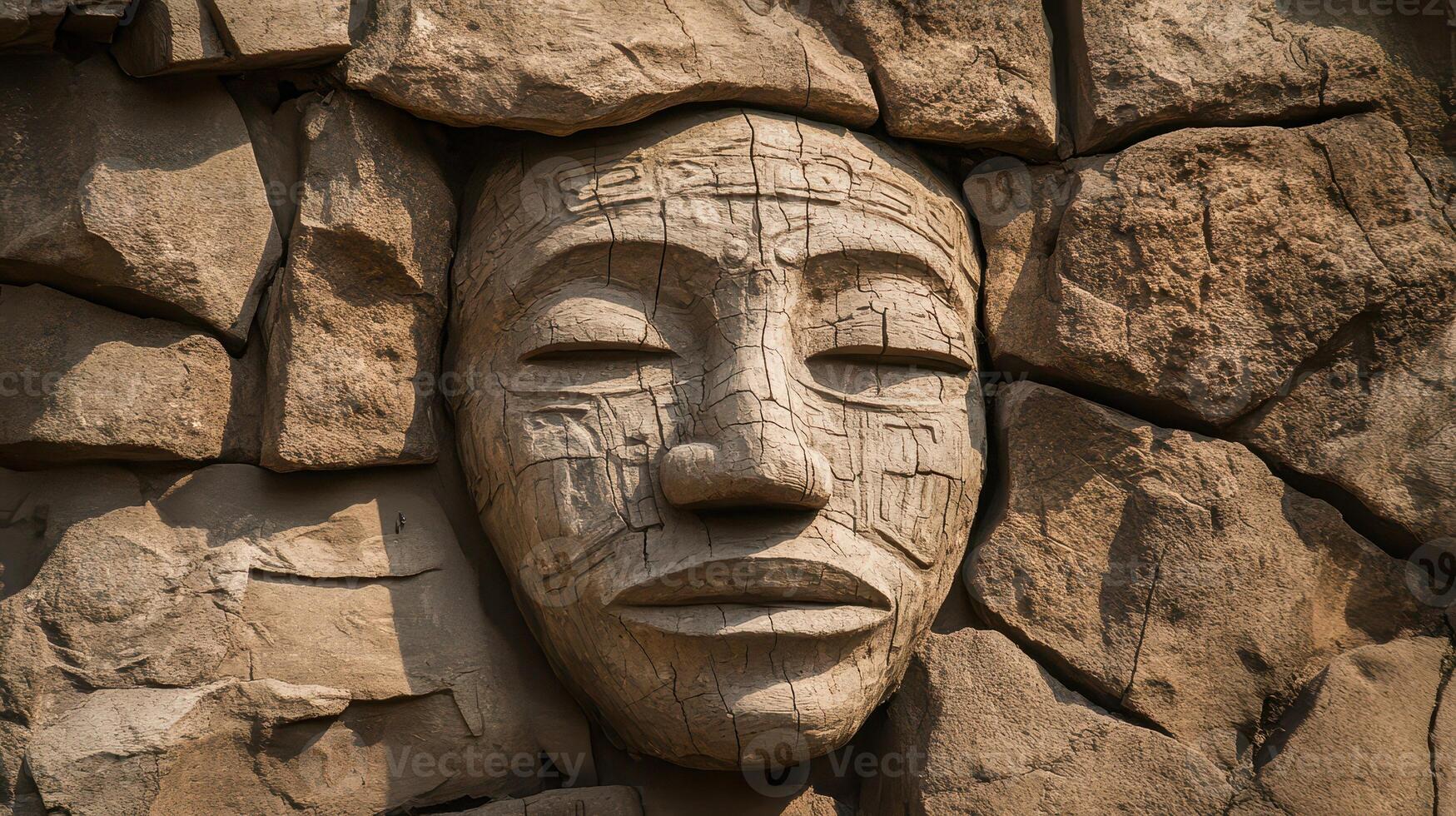 Intricate stone face carved into rugged wall photo