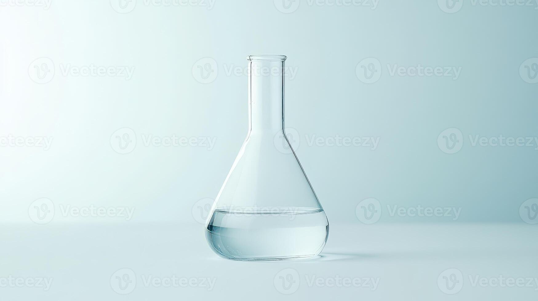 Clear liquid in laboratory flask on flat surface photo