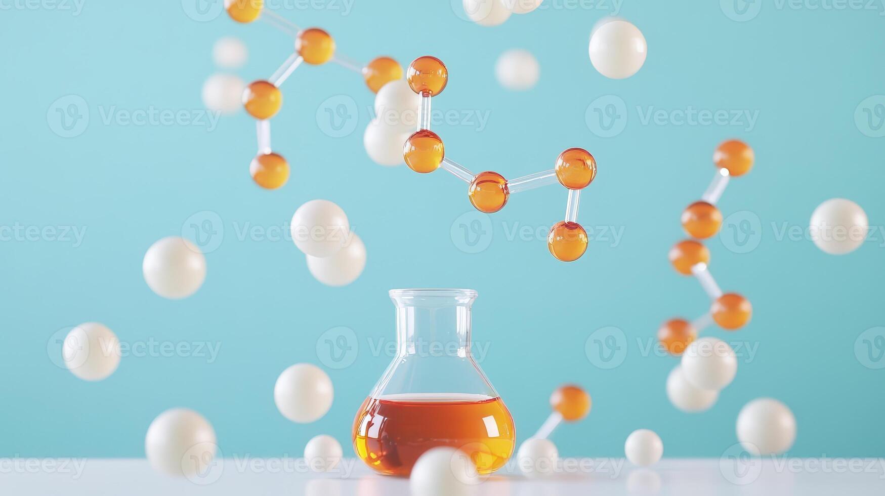 Colorful molecular structure around a glass flask photo