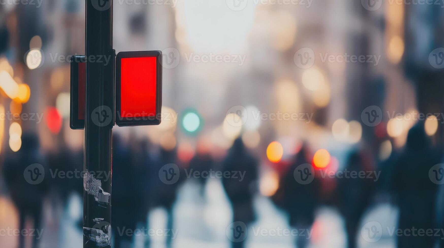 Traffic signal glows red in busy urban street photo