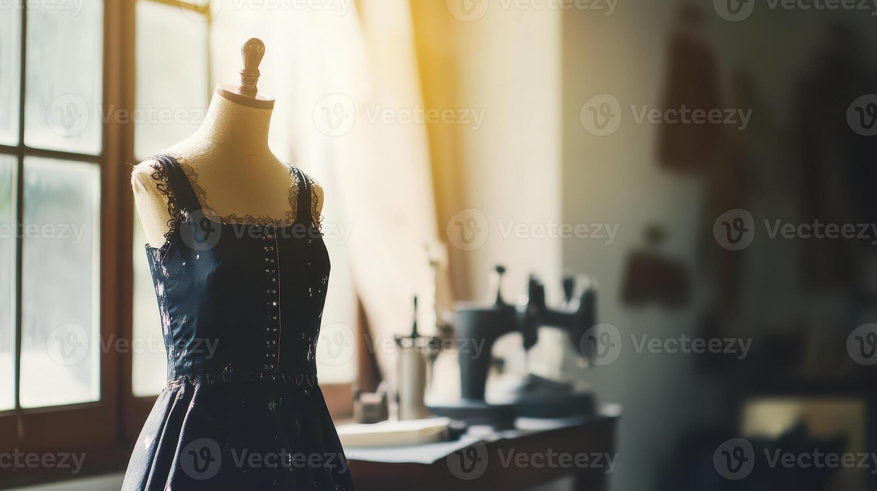 Dress on mannequin in tailor shop with sunlight photo