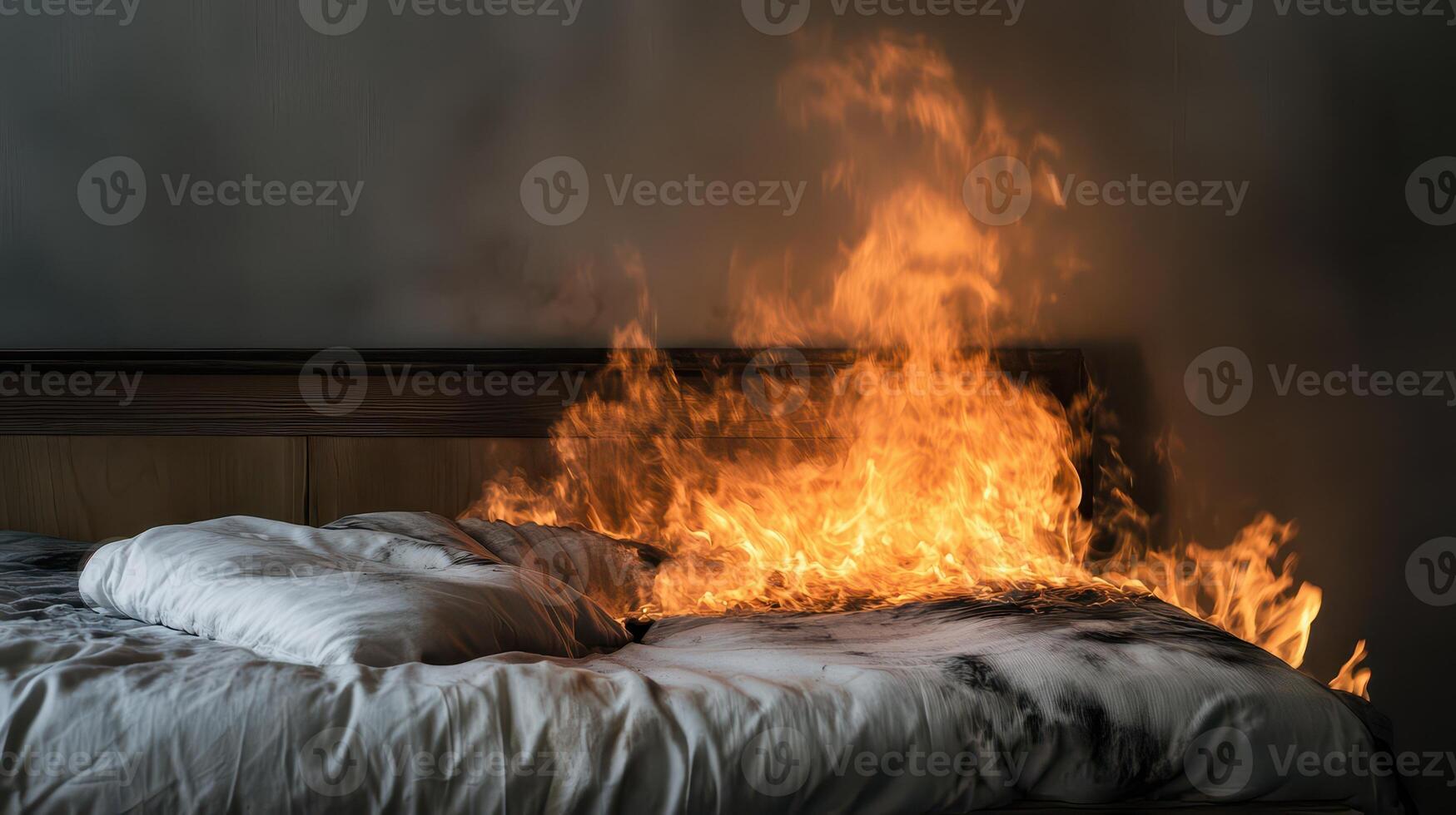 Fire spreading on a bed in a bedroom photo
