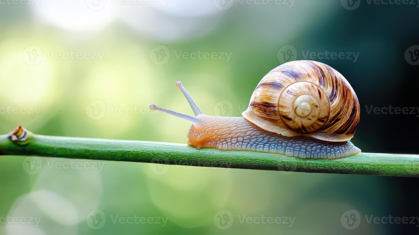 Colorful snail gliding along a green stick photo