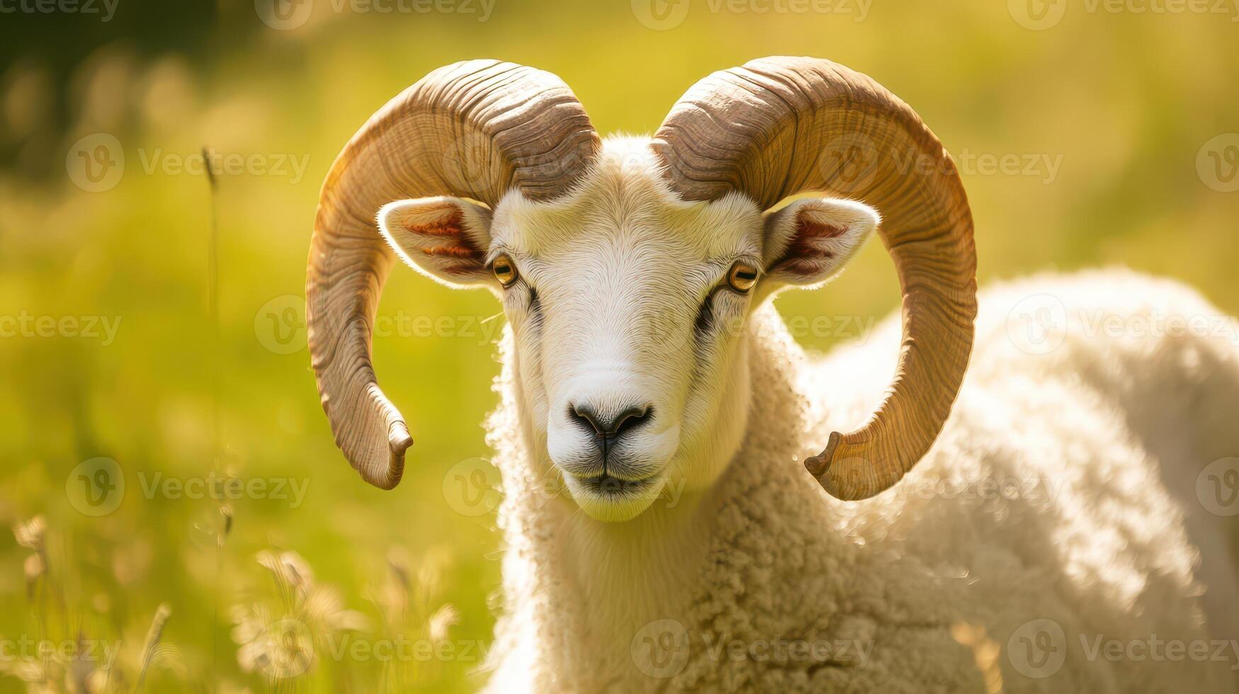 Sheep with large horns standing in a sunny meadow photo