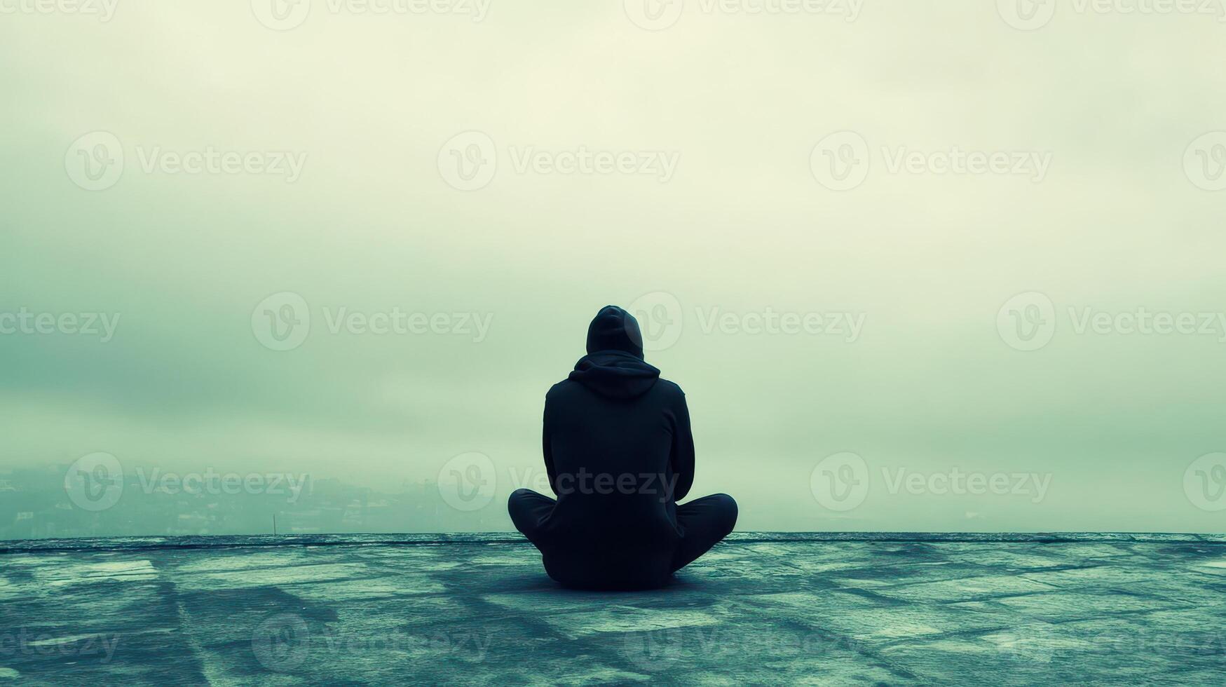 Person sitting alone on a rooftop under cloudy sky photo