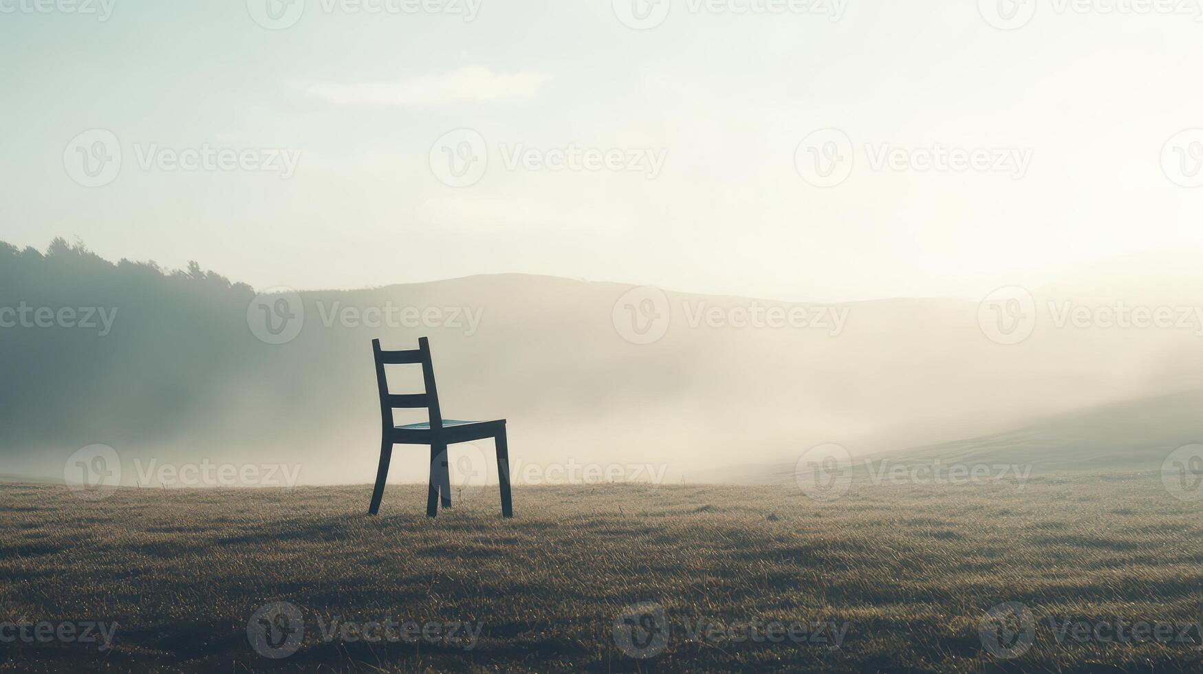 Empty chair on a misty field at dawn photo