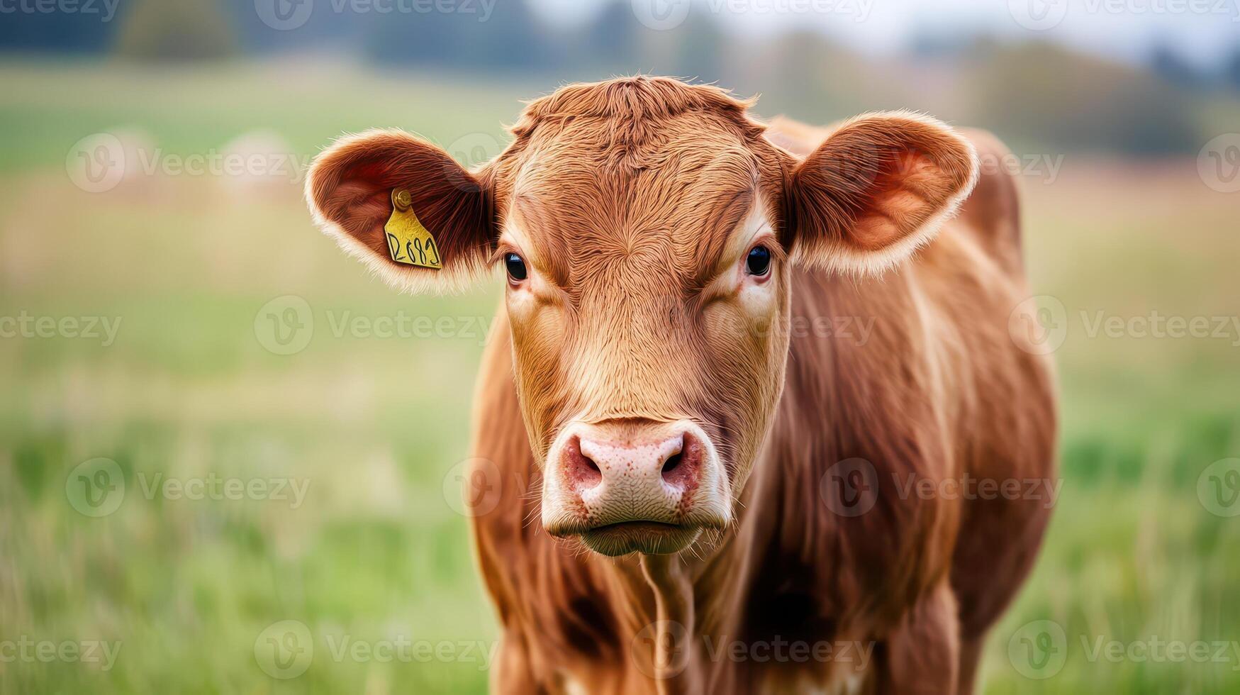 Brown cow in green pasture by day photo