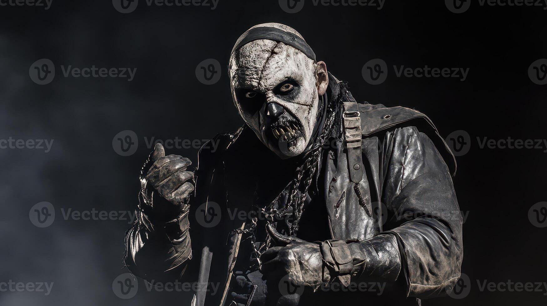 Dark clad character in dramatic pose photo
