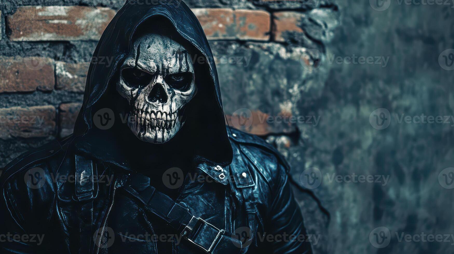 Mysterious figure in urban setting with skull mask photo