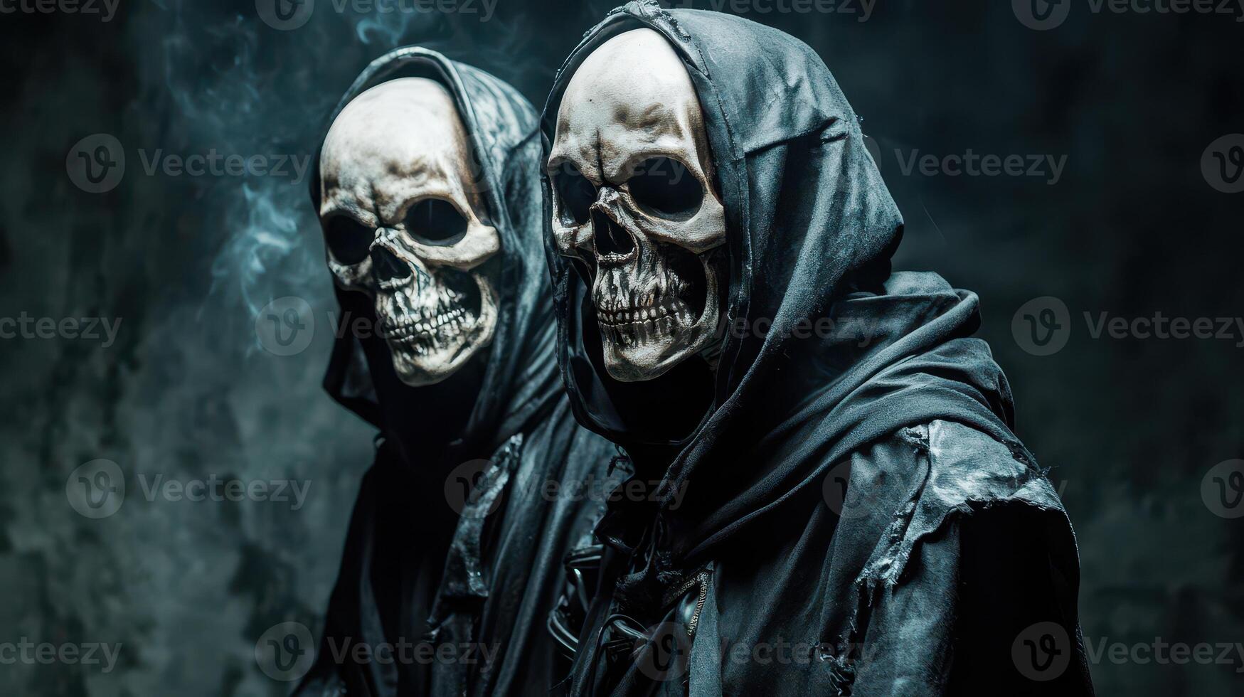 Skull masked figures in dark setting photo