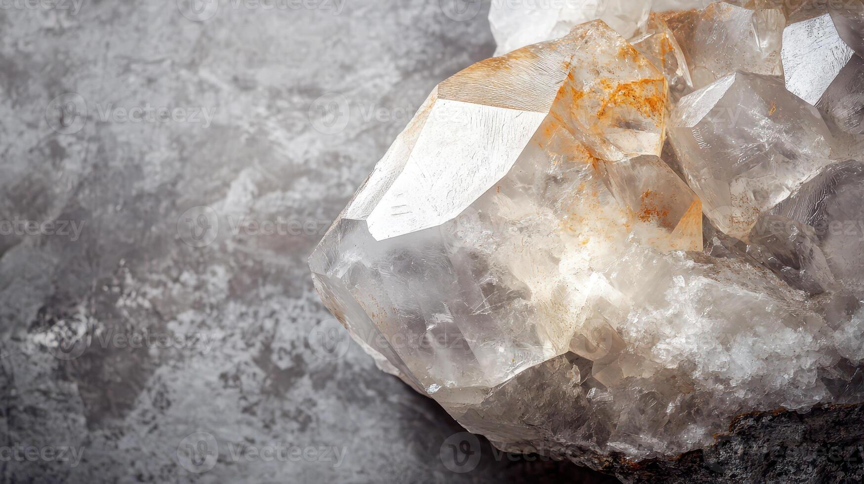 Sparkling quartz crystal on textured stone surface photo