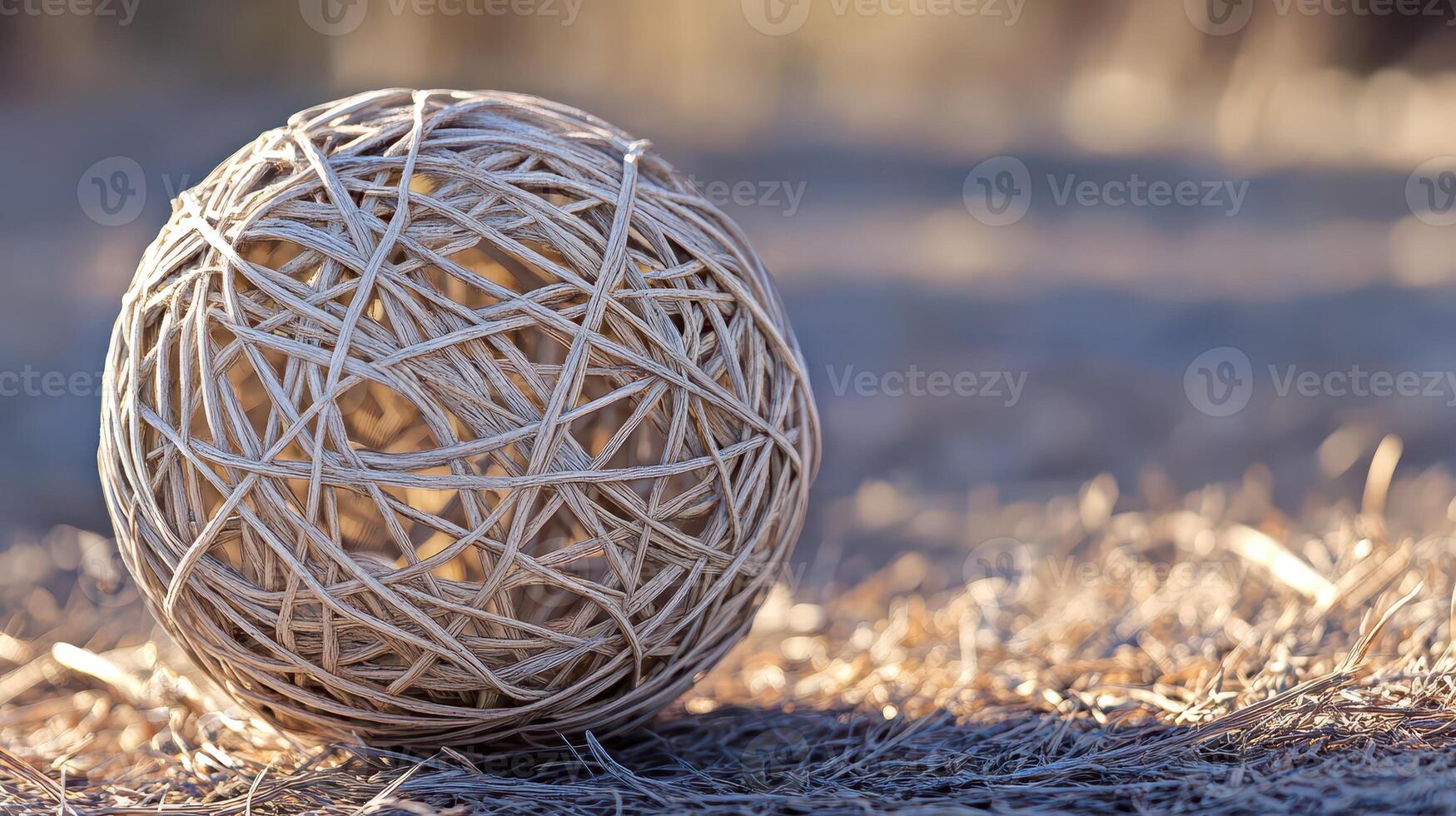 Natural twine ball resting on sunlit ground photo