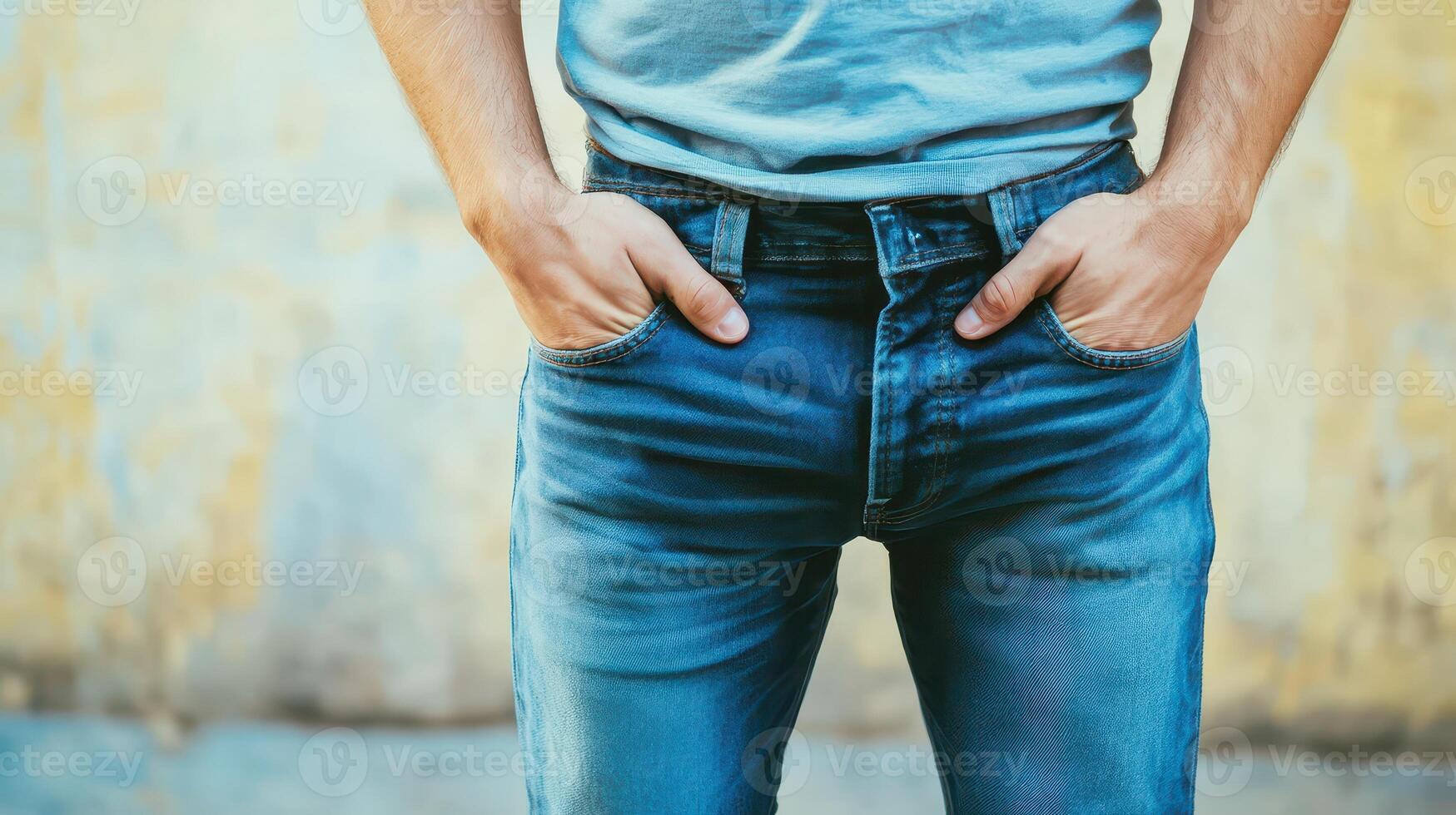 Young man poses confidently in casual jeans photo