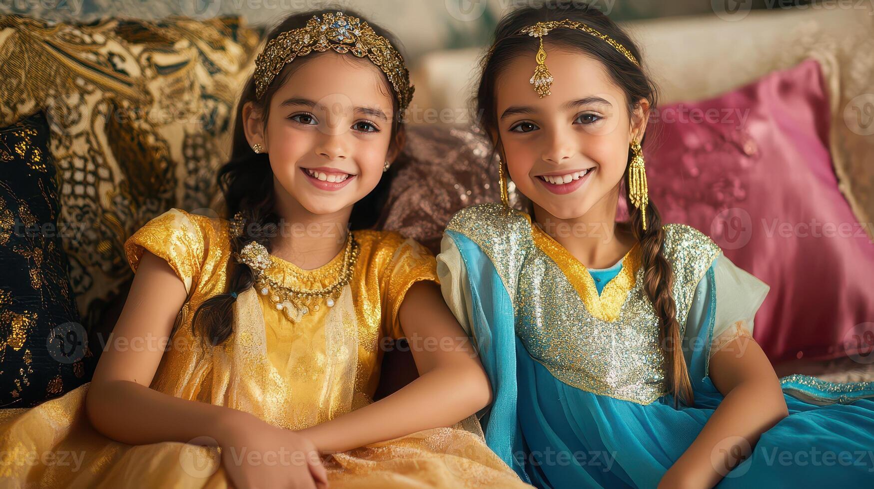 Girls in vibrant traditional dresses celebrate photo