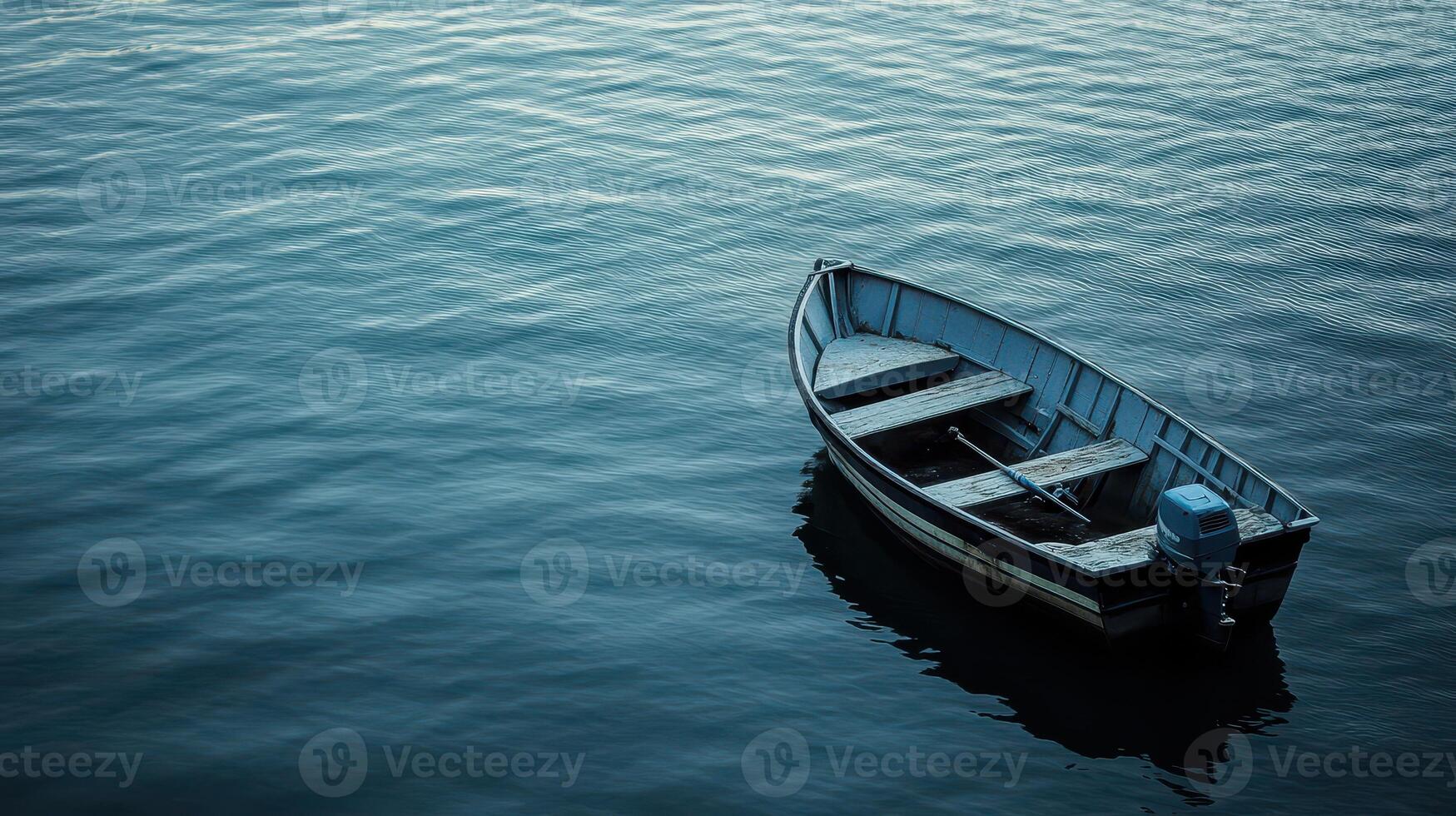 Lonely boat drifting on calm water photo
