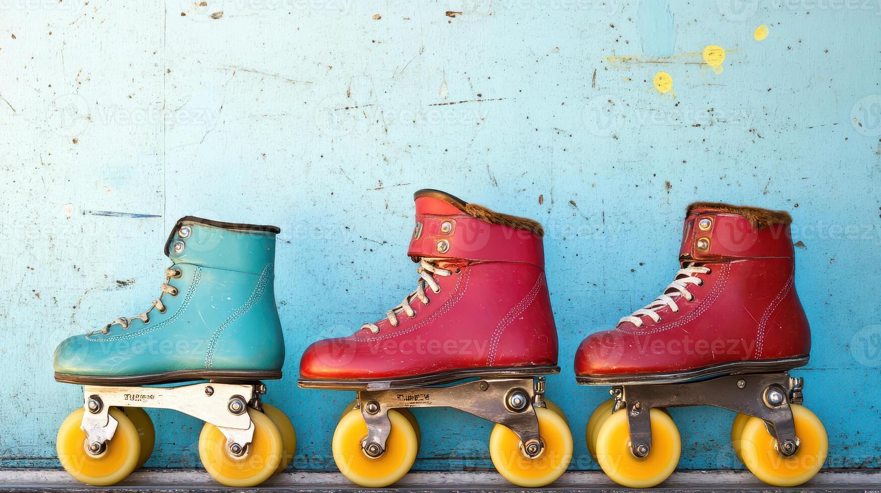 Colorful skates by a blue wall photo