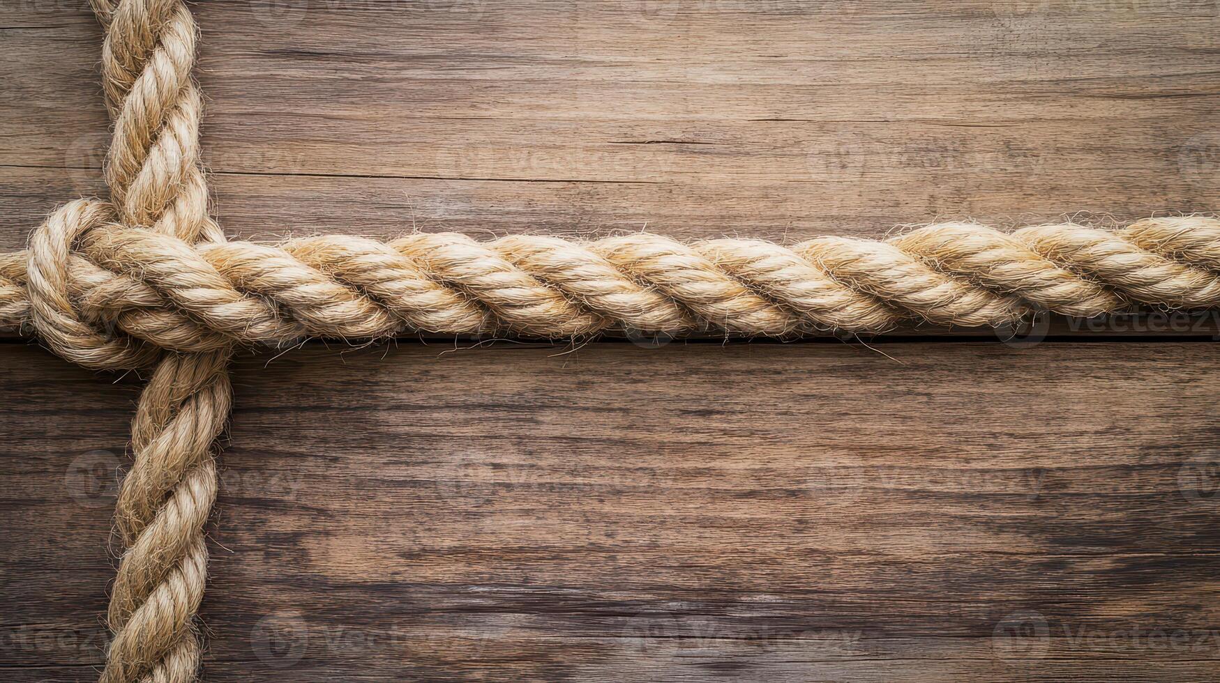 Rope knot secured on rustic wooden surface photo