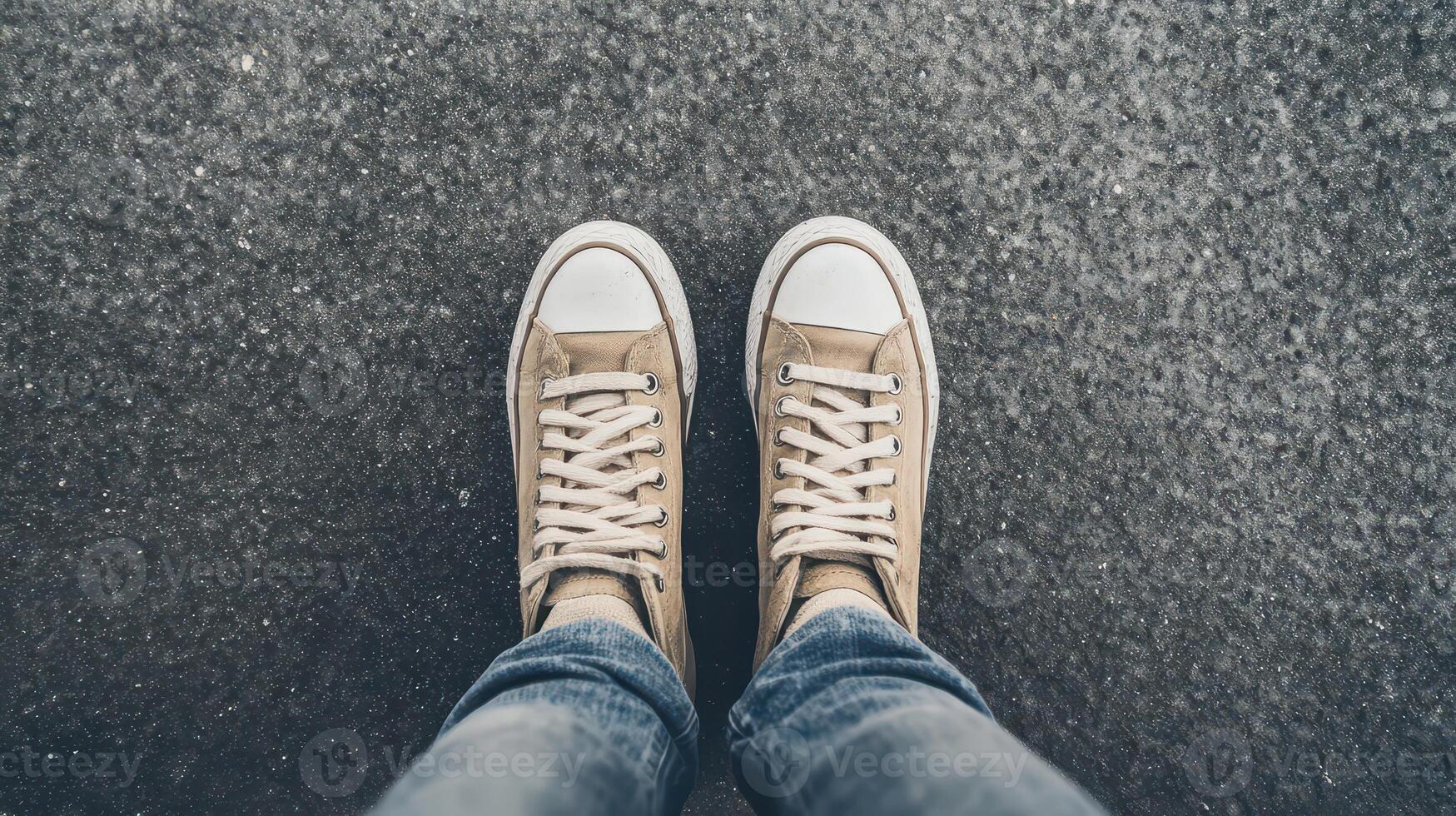 Casual sneakers on gray pavement during daylight photo