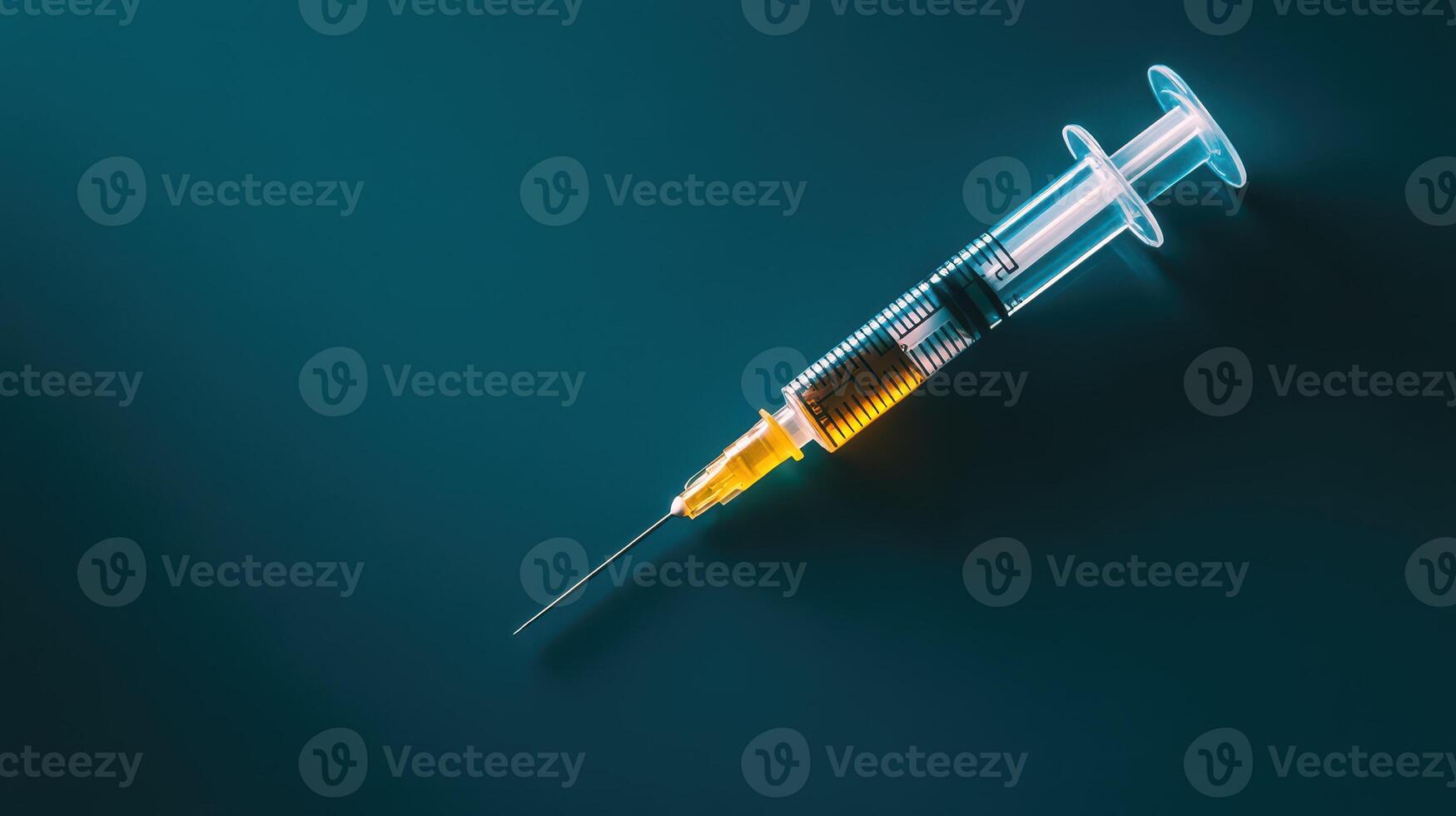 Syringe filled with liquid on dark background photo