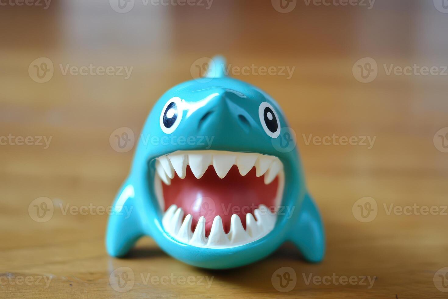 Cute toy shark with big teeth on wooden surface photo