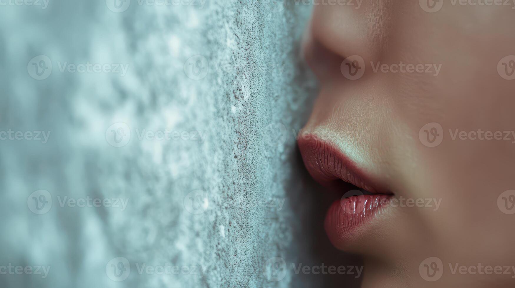 Close up of a face resting against a textured wall photo