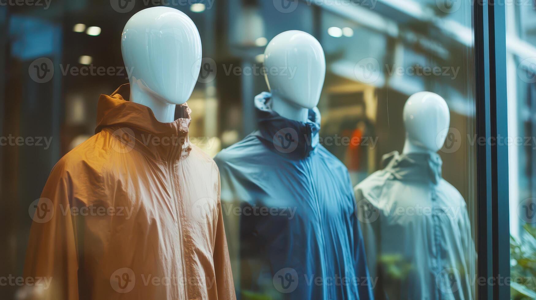 Mannequins display stylish jackets in store window photo