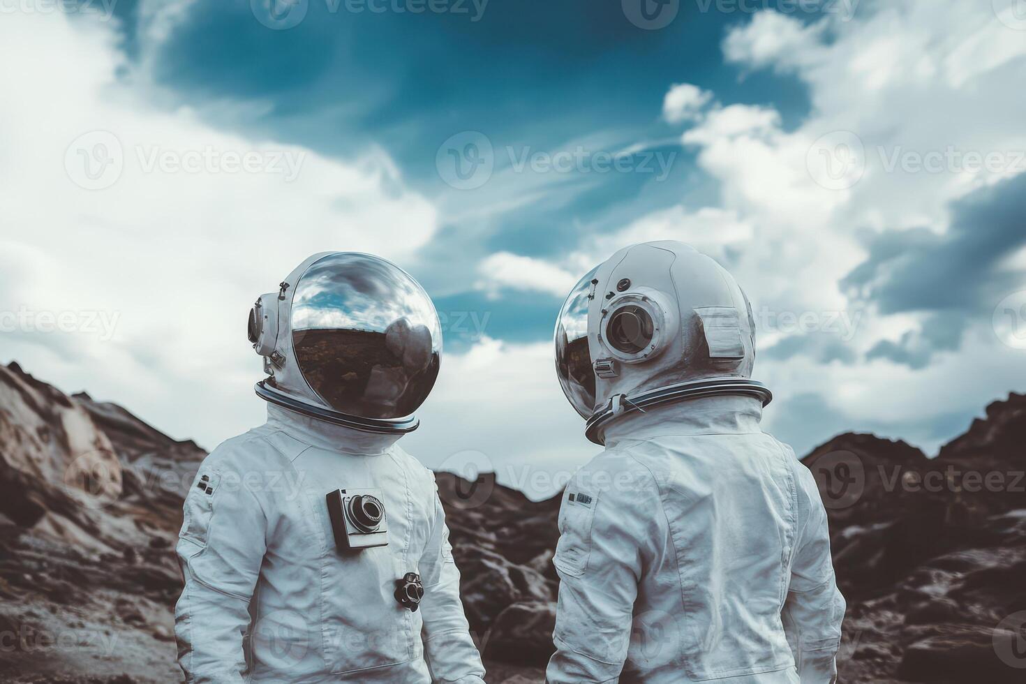 Space explorers on alien landscape photo