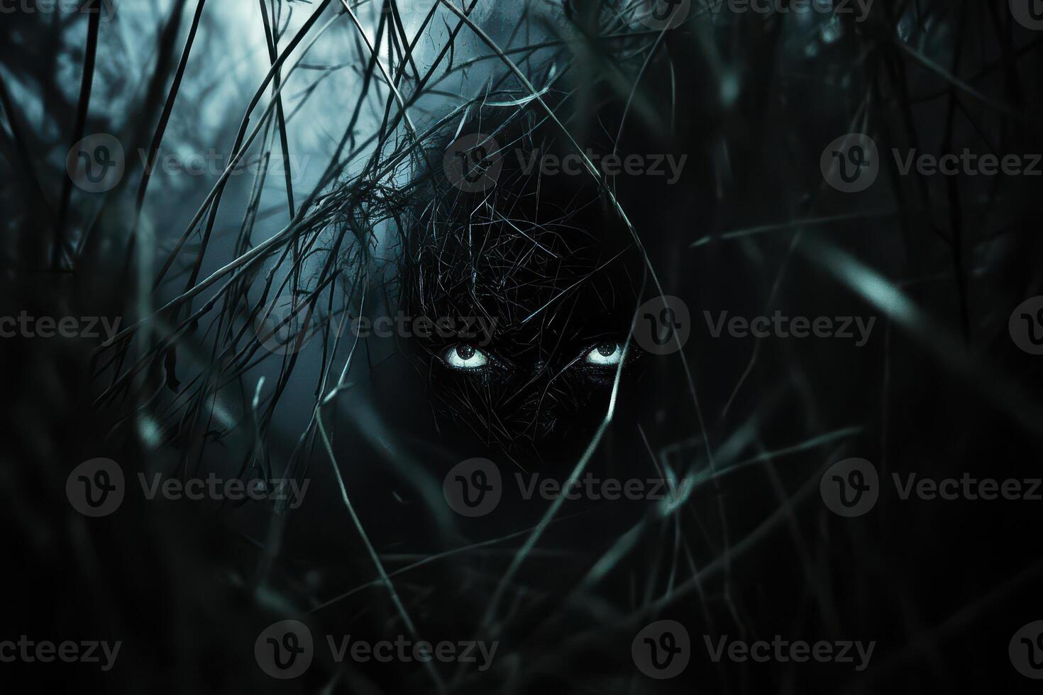 Mysterious figure lurking in dense grass at night photo