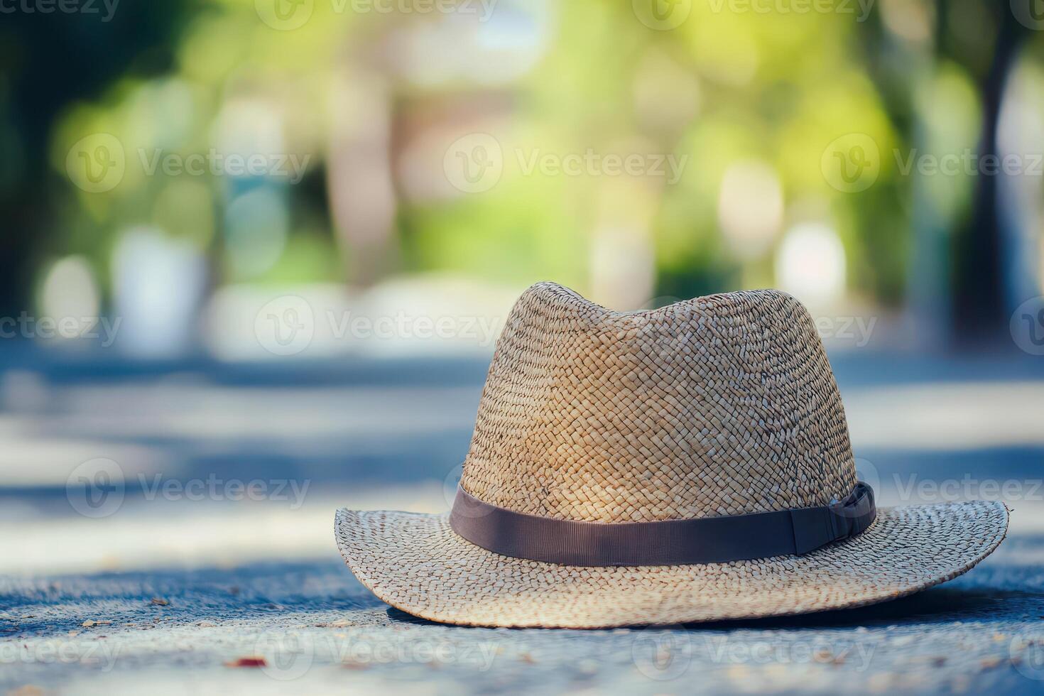 Stylish straw hat resting on the ground in a park photo
