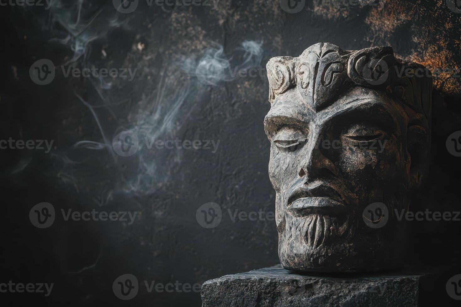 Detailed ancient stone sculpture with smoke photo