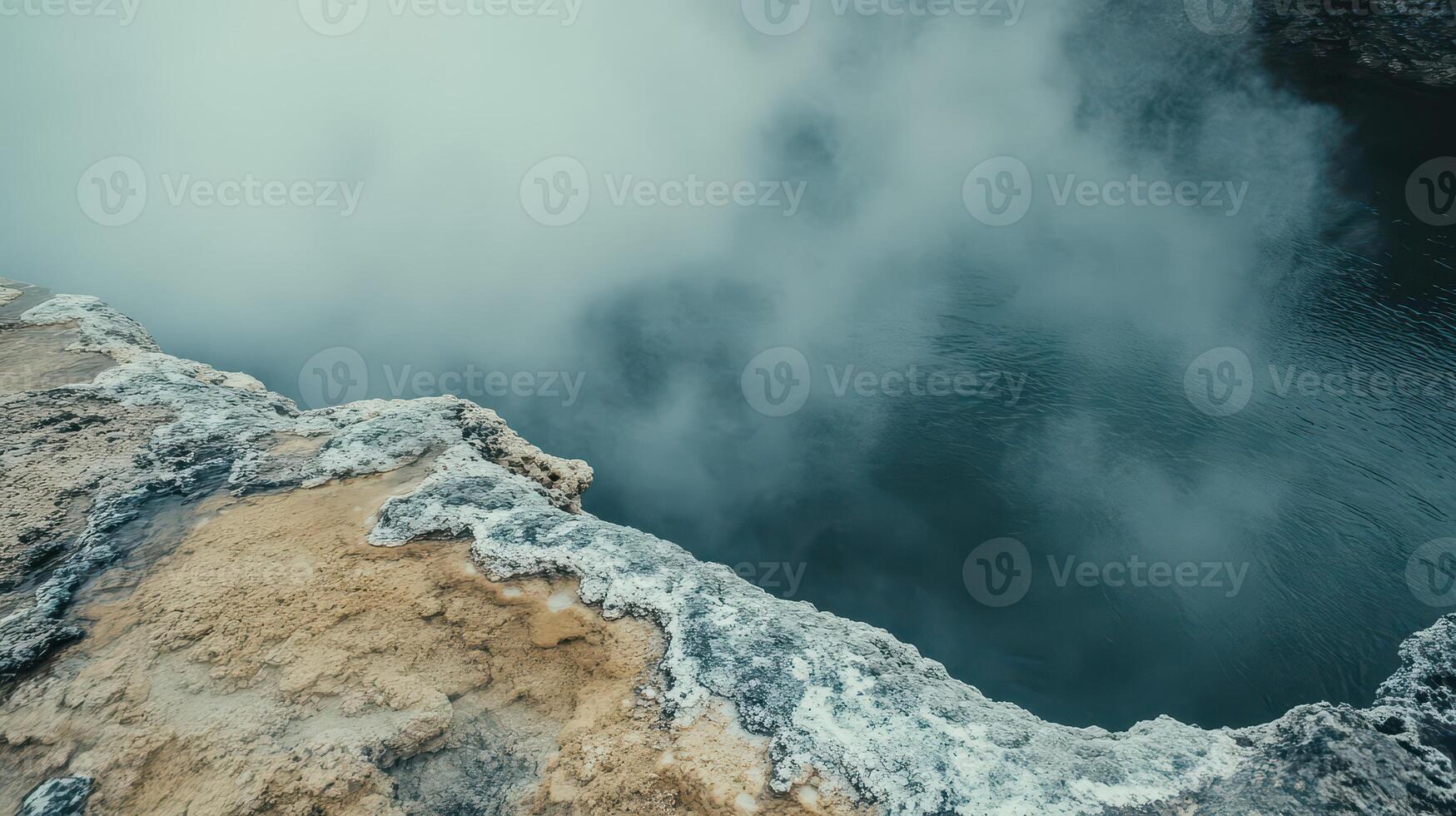 Hot spring with steam rising in natural setting photo