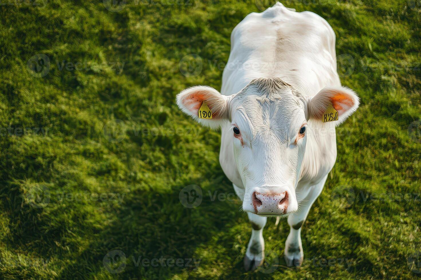 White cow grazing in a lush green field photo