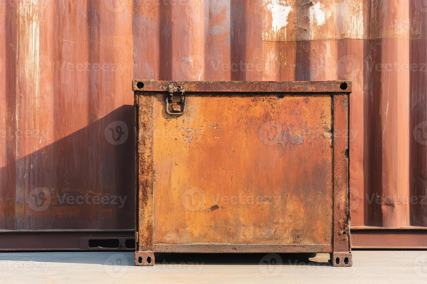 Rusty container against metal backdrop in sunlight photo