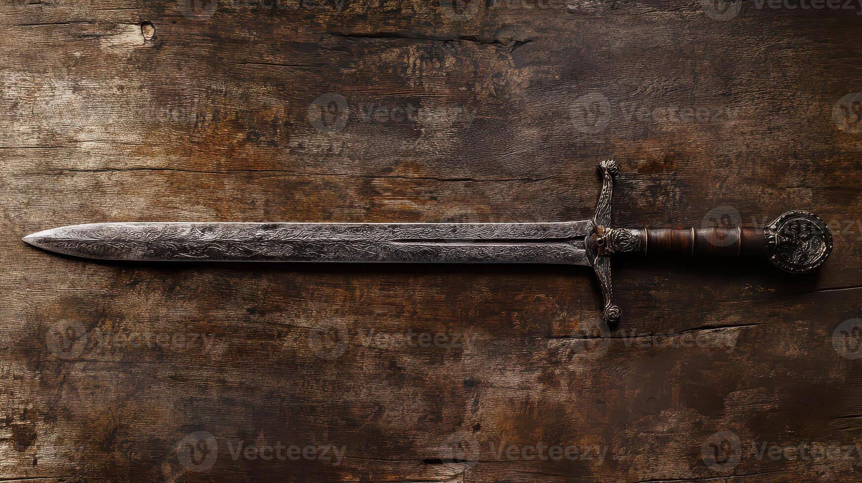 Sword displayed on rustic wooden surface photo